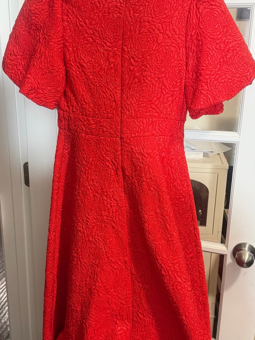 Textured Red Midi Dress with Puff Sleeves